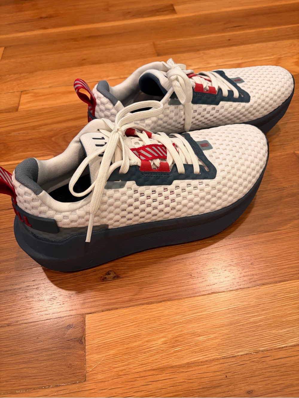 NOBULL Kids White Knit Sneakers with Navy and Red Accents